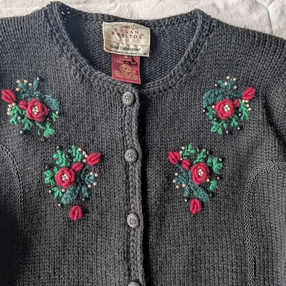 VTG 80s Susan Bristol Handcrafted Embroidery Wool Black Cardigan S Cottagecore - Picture 5 of 11